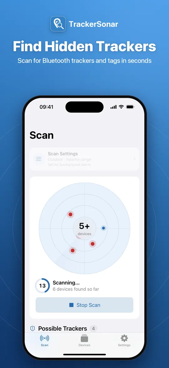 TrackerSonar scan screen with a live radar of nearby Bluetooth devices