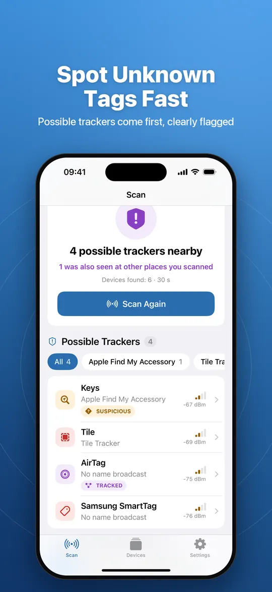TrackerSonar results listing 4 possible trackers with SUSPICIOUS and TRACKED badges