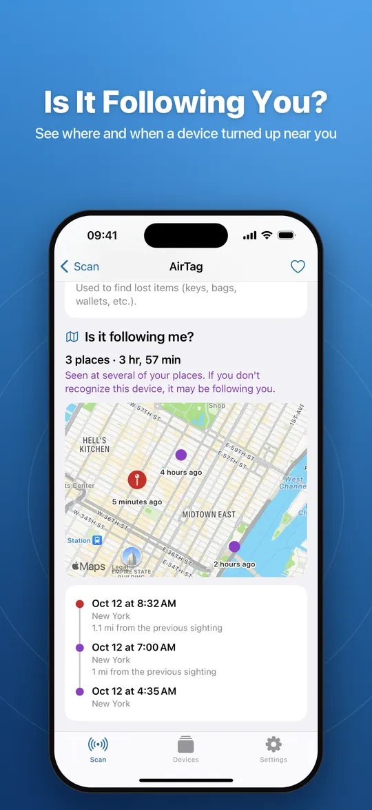 AirTag detail with an Is it following me? summary of 3 places, a sightings map and a timeline