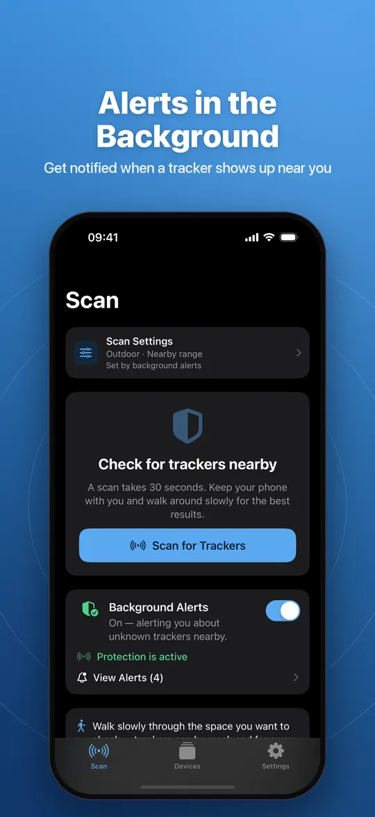 Scan screen in dark mode with Background Alerts switched on and protection active